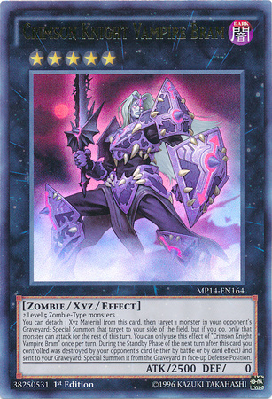 An Ultra Rare "Crimson Knight Vampire Bram" card from the Yugioh 2014 Mega-Tin Mega Pack (MP14).