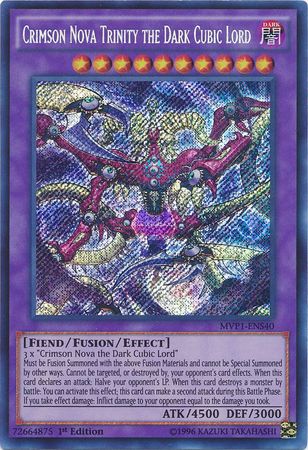 A Secret Rare "Crimson Nova Trinity The Dark Cubic Lord" card from the Yugioh Set: The Dark Side of Dimensions Movie Pack: Secret Edition.