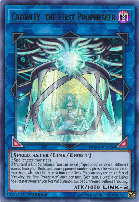 An Ultra Rare "Crowley, the First Propheseer" card from the Yugioh Set: Duel Power.