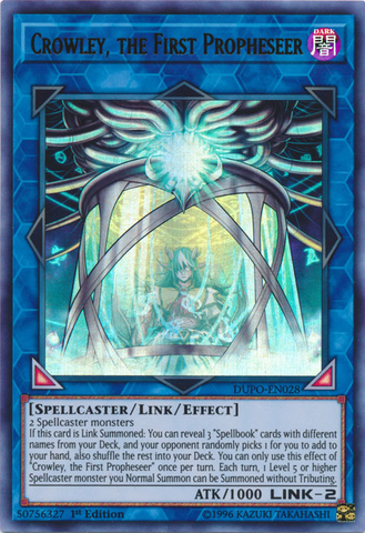 An Ultra Rare "Crowley, the First Propheseer" card from the Yugioh Set: Duel Power.
