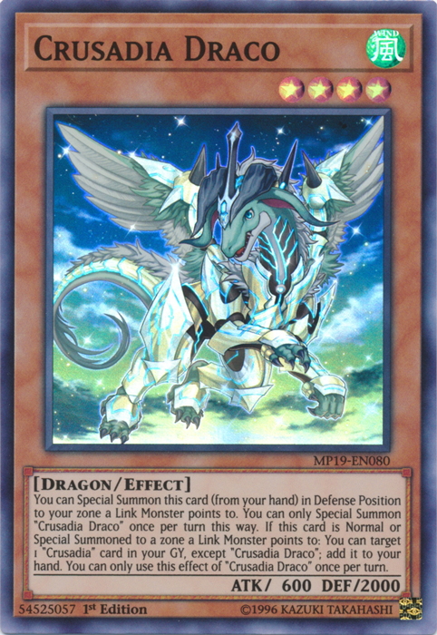 A Super Rare "Crusadia Draco" card from the Yugioh 2019 Gold Sarcophagus Mega-Tin Mega Pack.