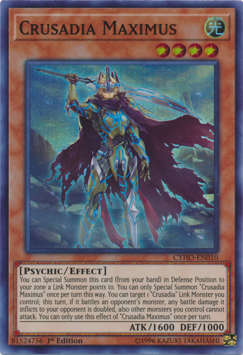 A Super Rare "Crusadia Maximus" card from the Yugioh Set: Cybernetic Horizon.