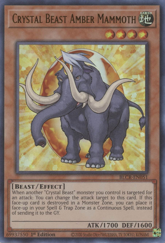 An Ultra Rare "Crystal Beast Amber Mammoth" card from the Yugioh Set: Battles of Legend: Crystal Revenge (BLCR).