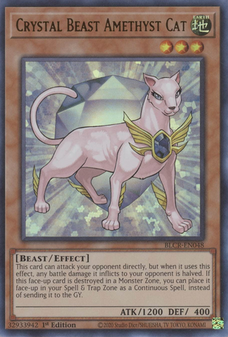 An Ultra Rare "Crystal Beast Amethyst Cat" card from the Yugioh Set: Battles of Legend: Crystal Revenge (BLCR).