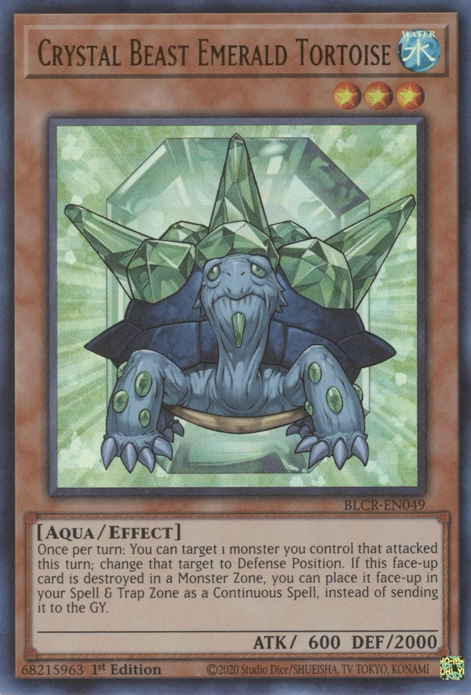 An Ultra Rare "Crystal Beast Emerald Tortoise" card from the Yugioh Set: Battles of Legend: Crystal Revenge (BLCR).