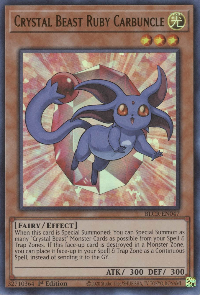 An Ultra Rare "Crystal Beast Ruby Carbuncle" card from the Yugioh Set: Battles of Legend: Crystal Revenge (BLCR).