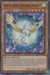 An Ultra Rare "Crystal Beast Sapphire Pegasus" card from the Yugioh Set: Battles of Legend: Crystal Revenge (BLCR).