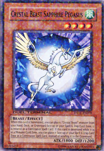 A Common Duel Terminal "Crystal Beast Sapphire Pegasus" card from the Yugioh Set: Duel Terminal 1 (DT01).