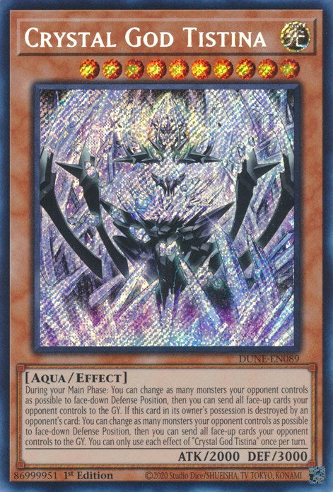 A Secret Rare "Crystal God Tistina" card from the Yugioh Set: Duelist Nexus. 