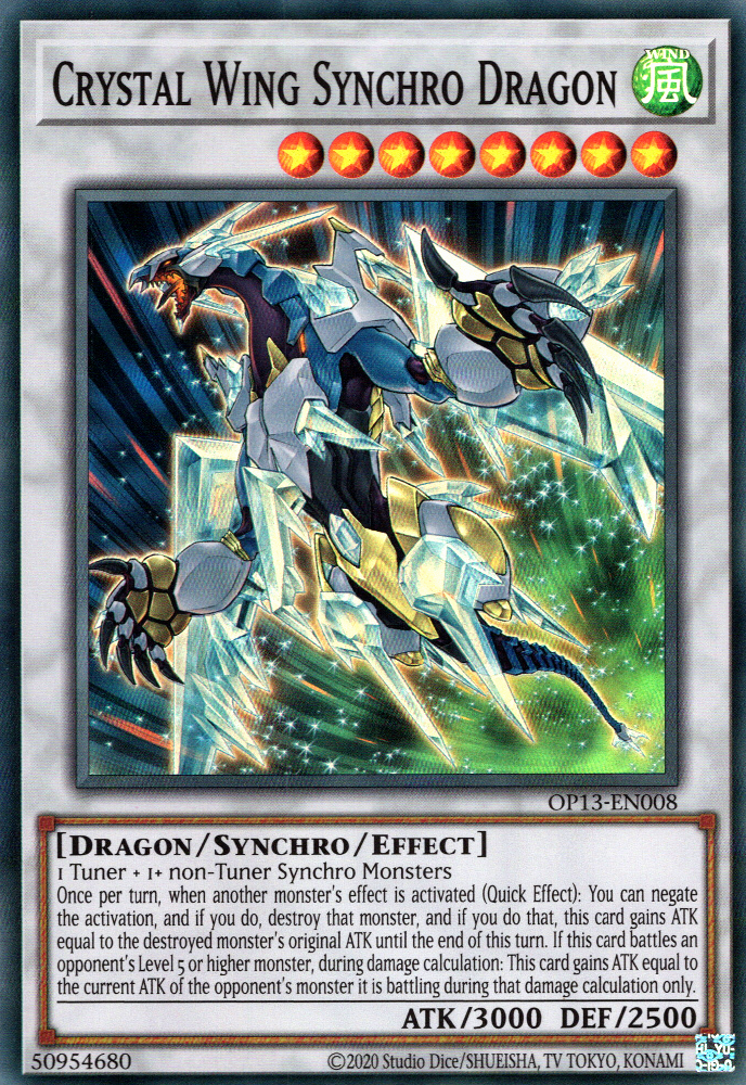  A Super Rare "Crystal Wing Synchro Dragon" card from the Yugioh OTS Tournament Pack 13 set.