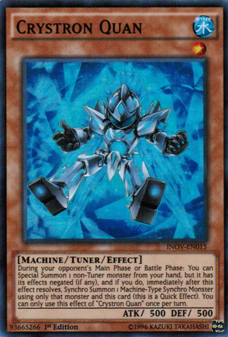 A Super Rare "Crystron Quan" card from the Yugioh Set: Invasion: Vengeance.