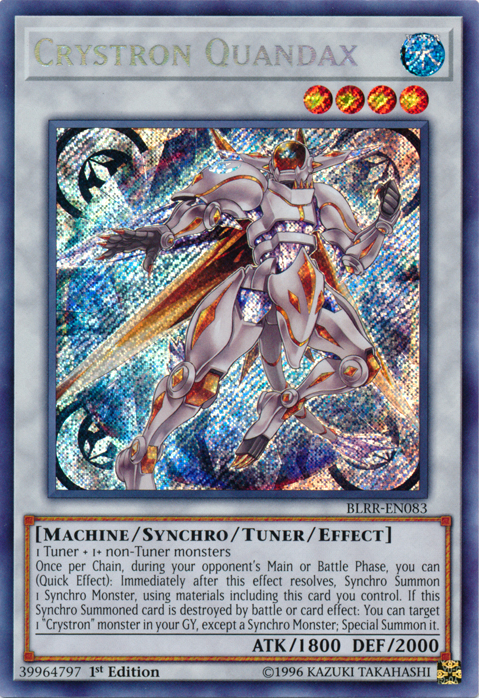 A Secret Rare "Crystron Quandax" card from the Yugioh Set: Invasion: Vengeance.