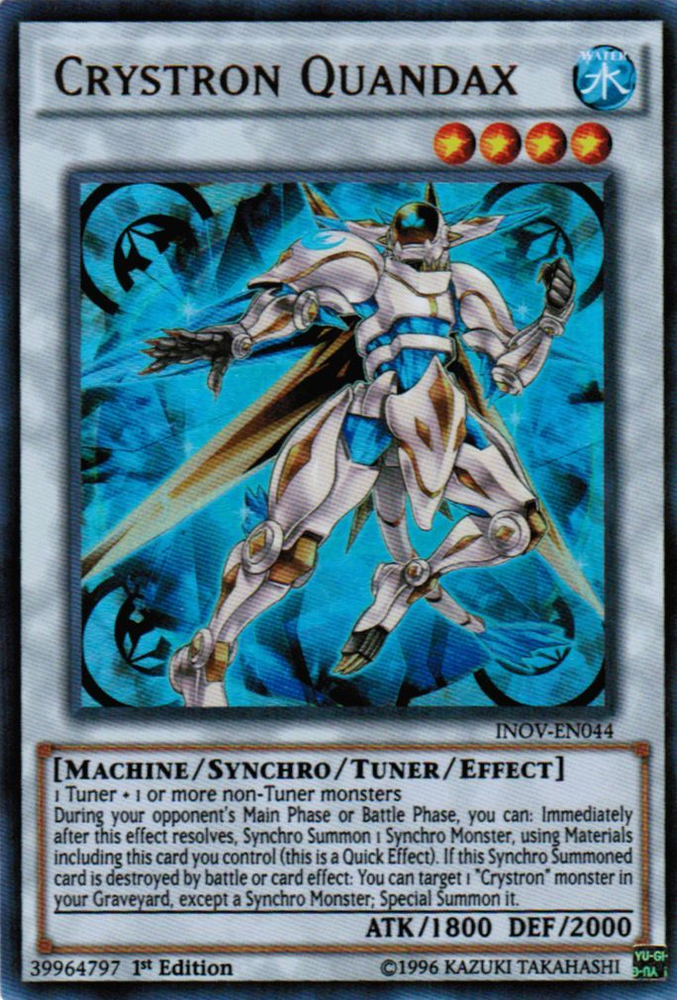 An Ultra Rare "Crystron Quandax" card from the Yugioh Set: Invasion: Vengeance.