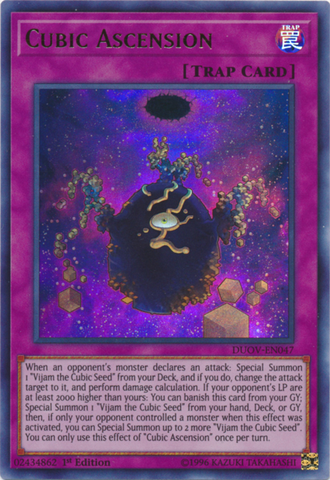 An Ultra Rare "Cubic Ascension" card from the Yugioh Set: Duel Overload.