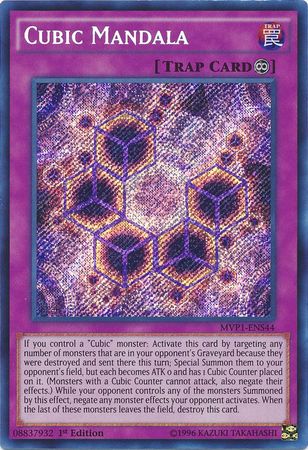 A Secret Rare "Cubic Mandala" card from the Yugioh Set: The Dark Side of Dimensions Movie Pack: Secret Edition.