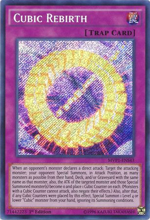 A Secret Rare "Cubic Rebirth" card from the Yugioh Set: The Dark Side of Dimensions Movie Pack: Secret Edition.