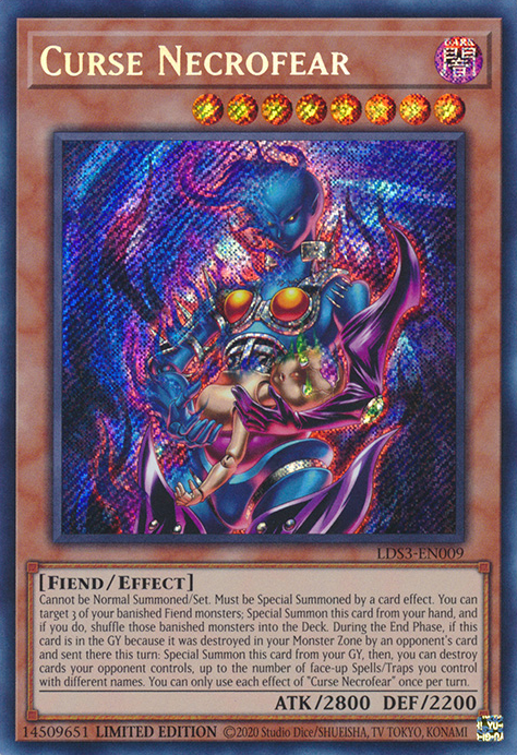 A Secret Rare "Curse Necrofear" card from the Yugioh Set: Legendary Duelists: Season 3 (LDS3).