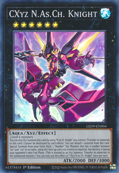  A Super Rare "Cxyz N.As.Ch. Knight" card from the Yugioh Set: Legendary Duelists: Duels From the Deep.