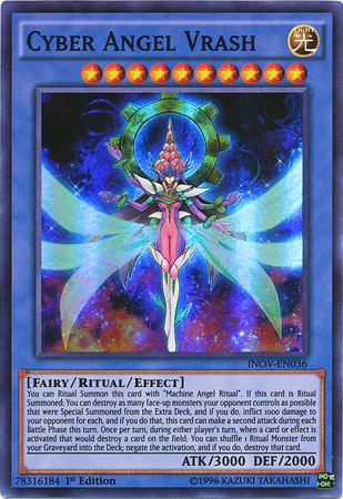  A Super Rare "Cyber Angel Vrash" card from the Yugioh Set: Invasion: Vengeance.