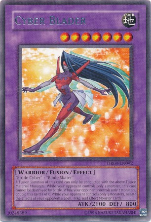 A Rare "Cyber Blader" card from the Yugioh Set: Dark Revelation Volume 4.