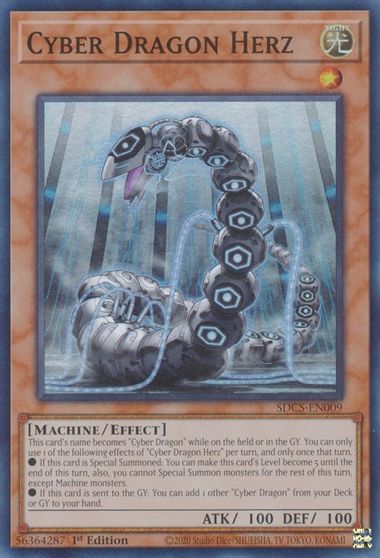  A Super Rare "Cyber Dragon Herz" card from the Yugioh Structure Deck: Cyber Strike.