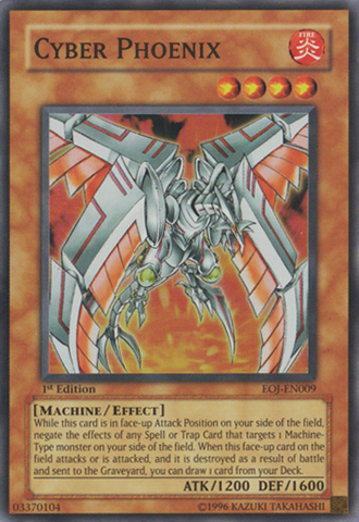 A Super Rare "Cyber Phoenix" card from the Yugioh Set: Enemy of Justice.