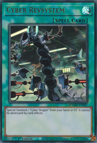 An Ultra Rare "Cyber Revsystem" card from the Yugioh Set: Magnificent Mavens.