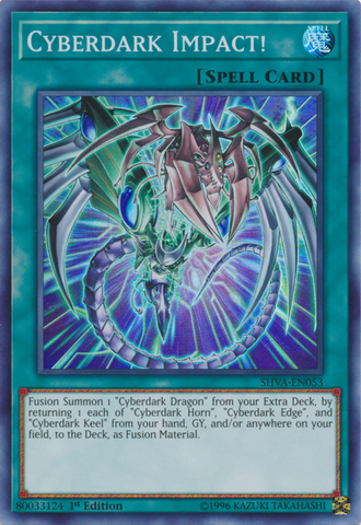  A Super Rare "Cyberdark Impact" card from the Yugioh Set: Shadows in Valhalla.