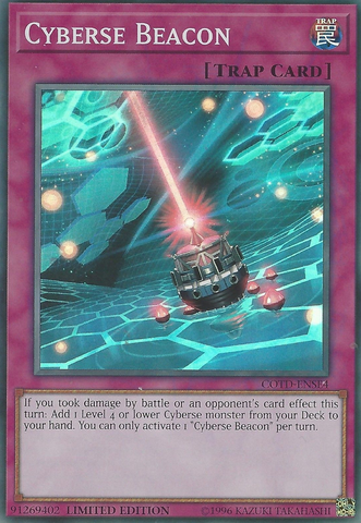 A Super Rare "Cyberse Beacon" card from the Yugioh Set: Code of the Duelist.