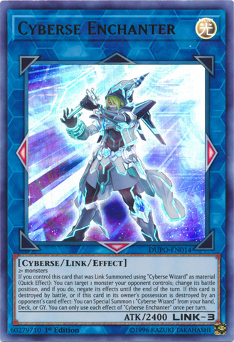 An Ultra Rare "Cyberse Enchanter" card from the Yugioh Set: Duel Power.