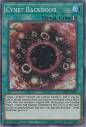 A Super Rare "Cynet Backdoor" card from the Yugioh Set: Mystic Fighters.