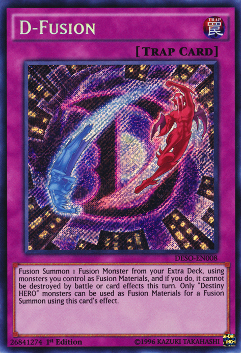 A Secret Rare "D-Fusion" card from the Yugioh Set: Destiny Soldiers.