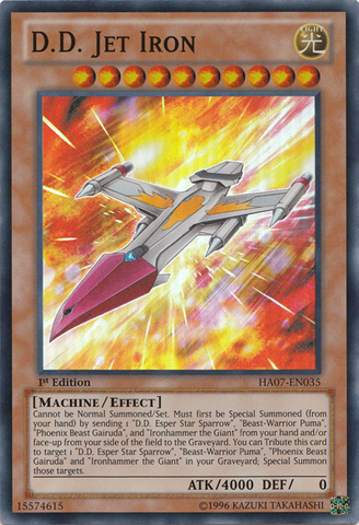 A Super Rare "D.D. Jet Iron" card from the Yugioh Set: Hidden Arsenal 7: Knight of Stars.