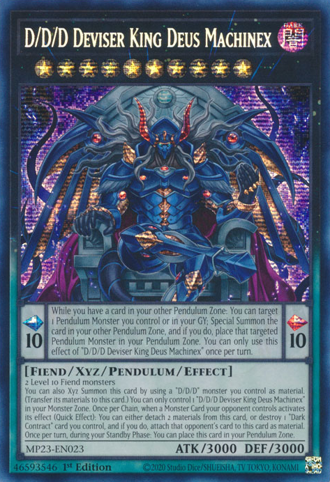 A Prismatic Secret Rare "D/D/D Deviser King Deus Machinex" card from the Yugioh 25th Anniversary Tin: Dueling Heroes (MP23).