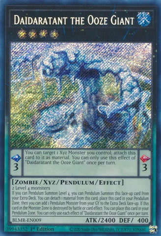 A Secret Rare "Daidaratant the Ooze Giant" card from the Yugioh Set: Battles of Legend: Monstrous Revenge (BLMR).