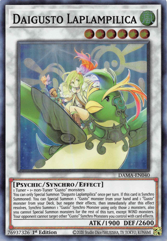 A Super Rare "Daigusto Laplampilica" card from the Yugioh Set: Dawn of Magesty (DAMA).
