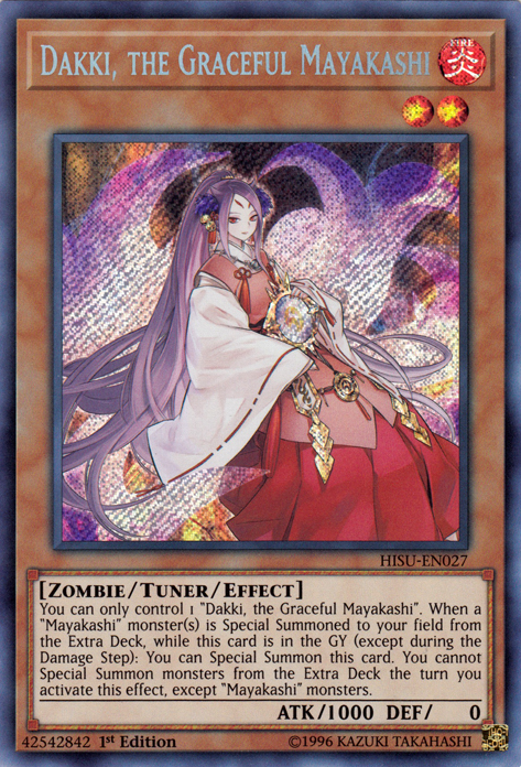 A Secret Rare "Dakki, the Graceful Mayakashi" card from the Yugioh Set: Hidden Summoners (HISU).