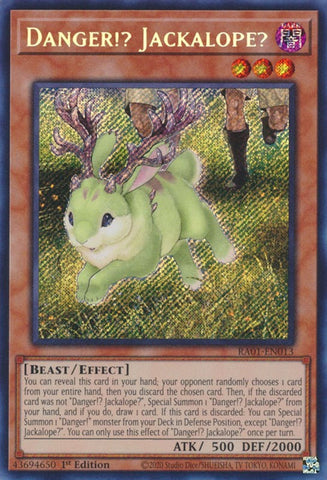A Secret Rare "Danger!? Jackalope?" card from the Yugioh Set: Rarity Collection 1 (RA01).