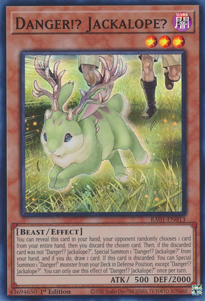 A Super Rare "Danger!? Jackalope?" card from the Yugioh Set: Rarity Collection 1 (RA01).
