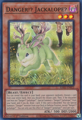 A Super Rare "Danger!? Jackalope?" card from the Yugioh Set: Rarity Collection 1 (RA01).