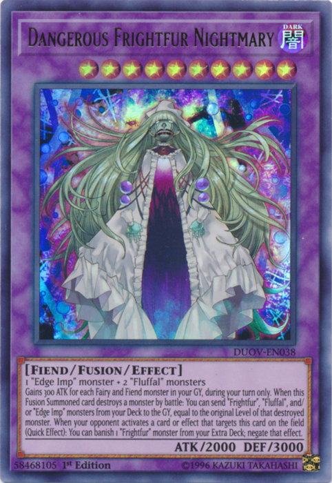 An Ultra Rare "Dangerous Frightfur Nightmary" card from the Yugioh Set: Duel Overload (DUOV).