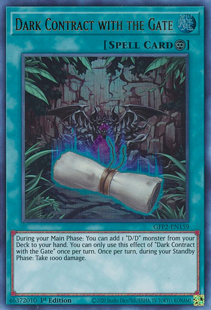 An Ultra Rare "Dark Contract with the Gate" card from the Yugioh Set: Ghosts From the Past: The 2nd Haunting (GFP2).