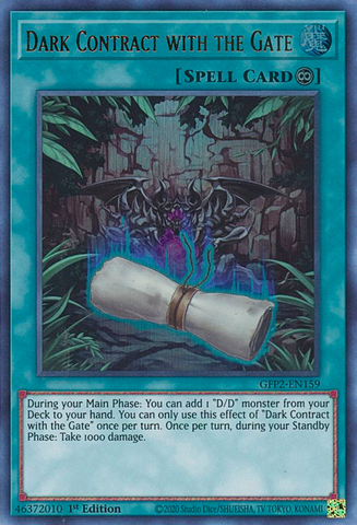 An Ultra Rare "Dark Contract with the Gate" card from the Yugioh Set: Ghosts From the Past: The 2nd Haunting (GFP2).