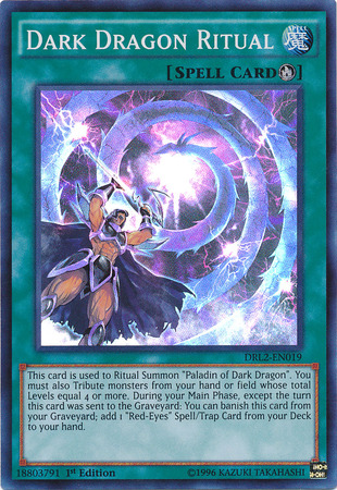 A Super Rare "Dark Dragon Ritual" card from the Yugioh Set: Dragons of Legend 2 (DRL2).