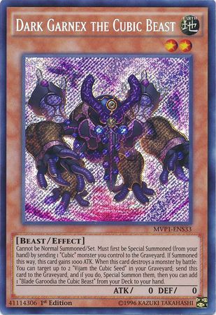 A Secret Rare "Dark Garnex the Cubic Beast" card from the Yugioh Set: The Dark Side of Dimensions Movie Pack: Secret Edition.