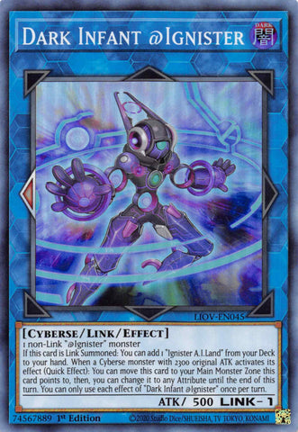  A Super Rare "Dark Infant @Ignister" card from the Yugioh Set: Lightning Overdrive.