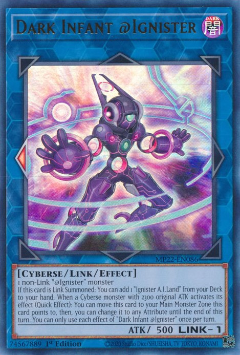 An Ultra Rare "Dark Infant @Ignister" card from the Yugioh 2022 Tin of the Pharaoh's Gods Set (MP22).