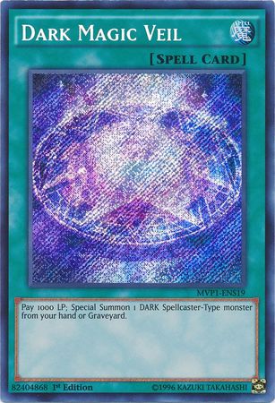 A Secret Rare "Dark Magic Veil" card from the Yugioh Set: The Dark Side of Dimensions: Movie Pack Secret Edition.