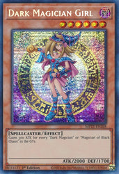 A Prismatic Secret Rare Alternate Art "Dark Magician Girl" card from the Yugioh 2022 Tin of the Pharaoh's Gods Set.