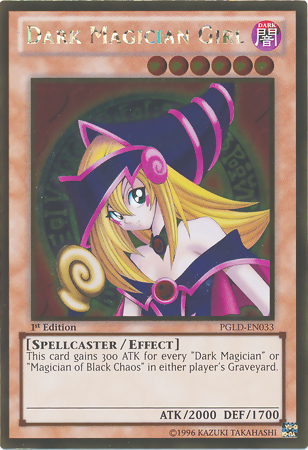 A Gold Rare "Dark Magician Girl" card from the Yugioh Set: Premium Gold (PGLD).